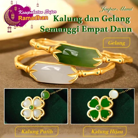 24K Vietnam Sand Gold Hetian Jade Kalung dan Gelang Semanggi Empat Daun