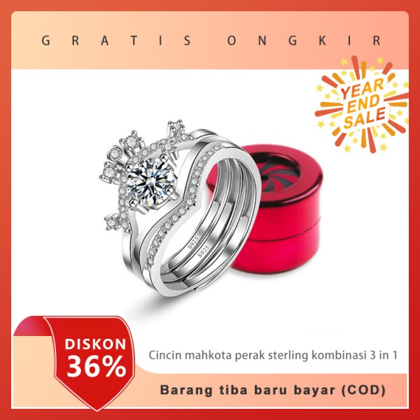 cincin mahkota perak sterling 3in1 + kotak berputar