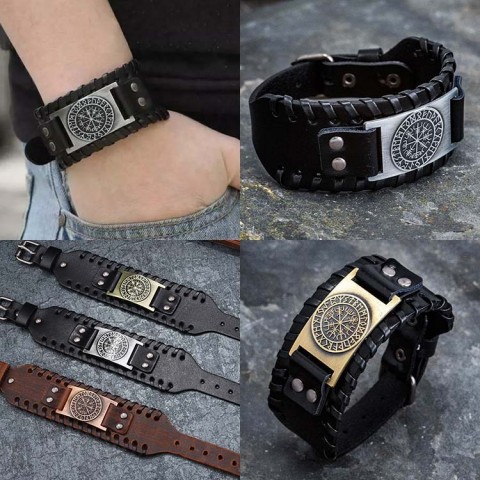 Gelang Vegvisir Logam Manset Lengan Gesper Kulit Asli