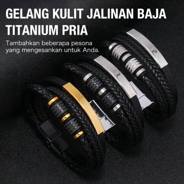 Gelang Kulit Jalinan Baja Titanium Pria..