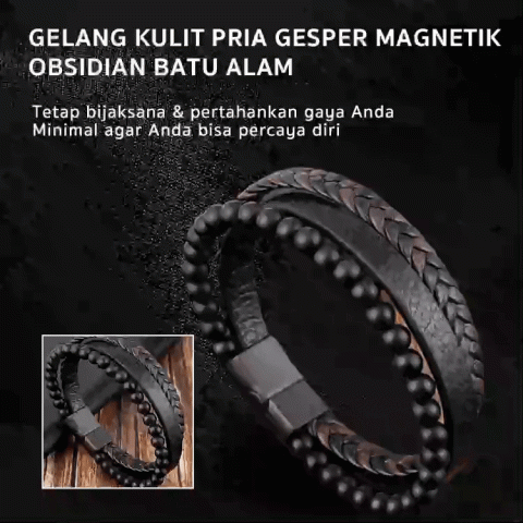 Gelang Kulit Gesper Magnetik Obsidian Batu Alam