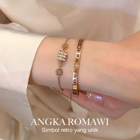 Set Gelang Baja Titanium Angka Romawi 2-in-1