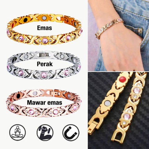 Gelang Terapi Magnet Fashion 14K Emas Platinum Pink Diamond