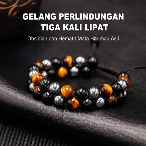 GELANG PERLINDUNGAN TIGA KALI LIPAT Obsidian dan Hematit Mata Harimau Asli