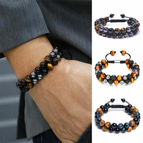 GELANG PERLINDUNGAN TIGA KALI LIPAT Obsidian dan Hematit Mata Harimau Asli