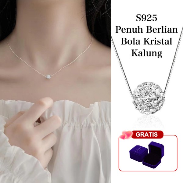 S925 Kalung Bola Kristal Berlian Penuh..