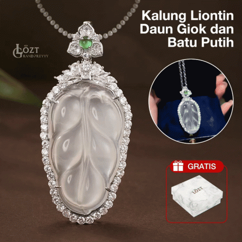 Kalung Liontin Batu Giok Daun dan Batu Putih