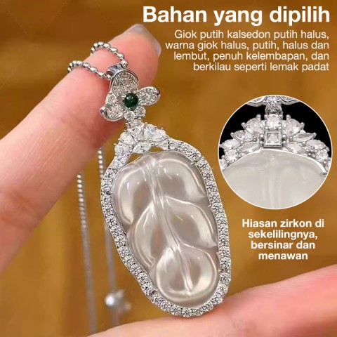 Kalung Liontin Batu Giok Daun dan Batu Putih