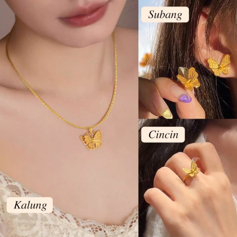 Set Perhiasan Kupu-kupu Berongga Berlapis Emas 18K