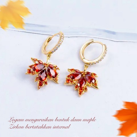 Perhiasan Zirkon Daun Maple Merah Romantis Baru	