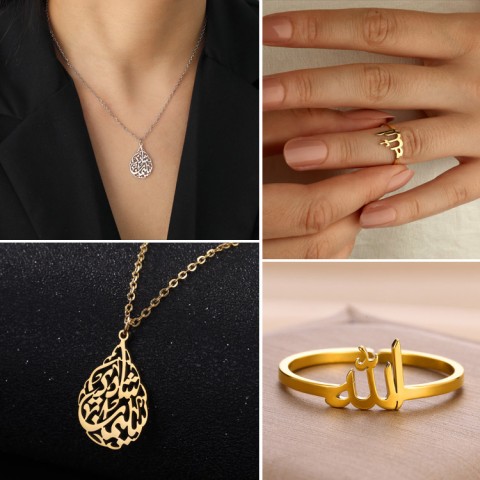 Set Perhiasan Kalung Cincin Tulisan Suci Ramadan