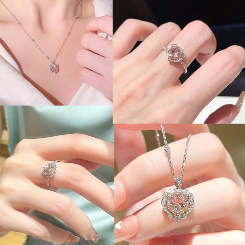 Set Kalung dan Cincin Hati Berlian Pink