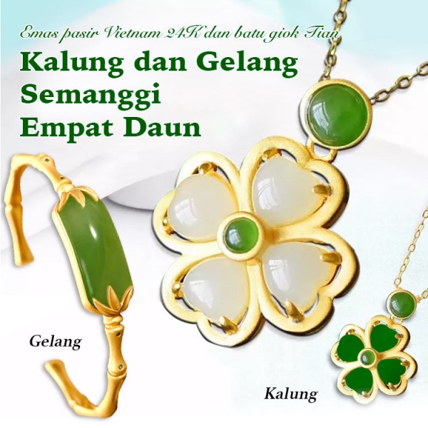 24K Vietnam Sand Gold Hetian Jade Kalung dan Gelang Semanggi Empat Daun