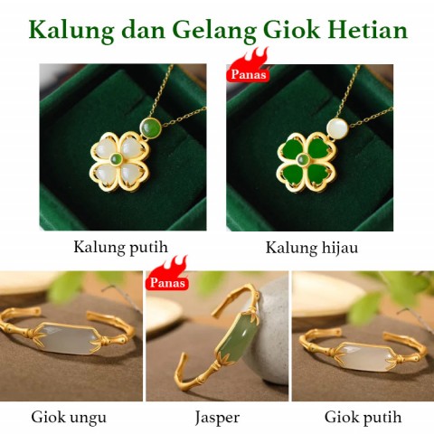 24K Vietnam Sand Gold Hetian Jade Kalung dan Gelang Semanggi Empat Daun