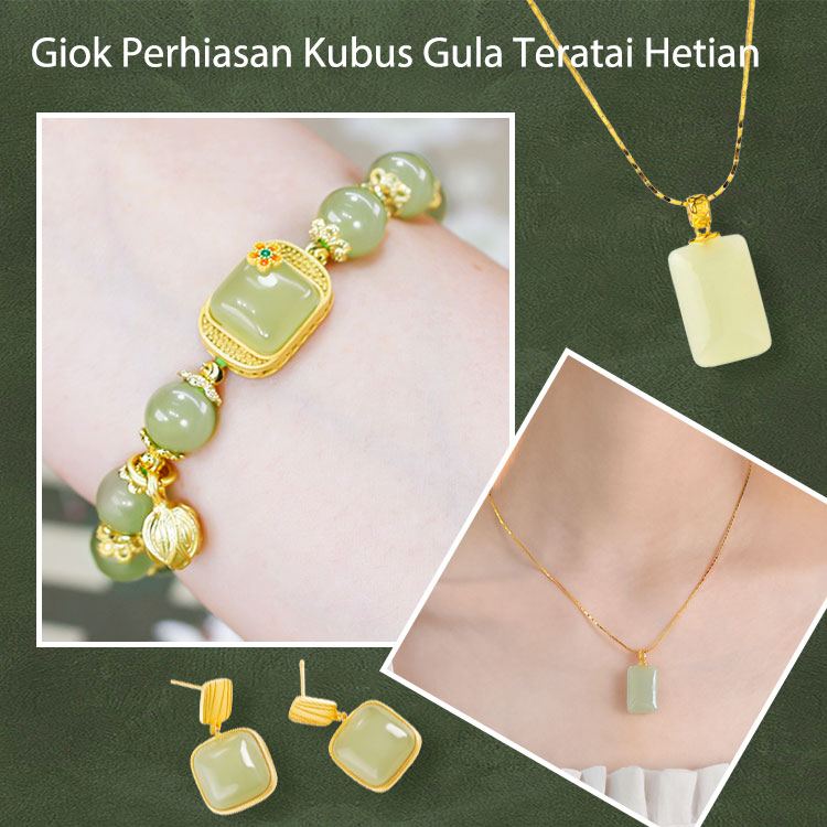 Perhiasan Giok Hetian Giok Teratai Emas 18k Emas-Empat potong set hanya Rp174000 per potong