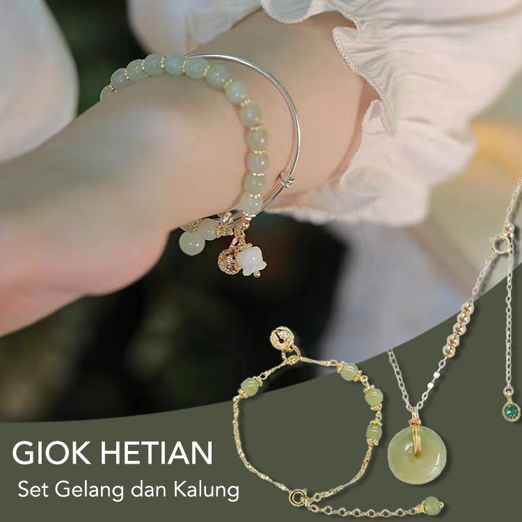 Diskon Warga Senior-2023 Emas 18K Giok Hetian Set Gelang Dan Kalung