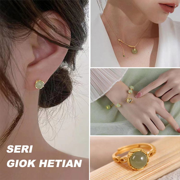 Promosi Hari Perempuan-2024 Emas 18K Giok Hetian Set Gelang Dan Kalung Dan Anting Dan Cincin-Beli satu set hanya Rp102000 per buah