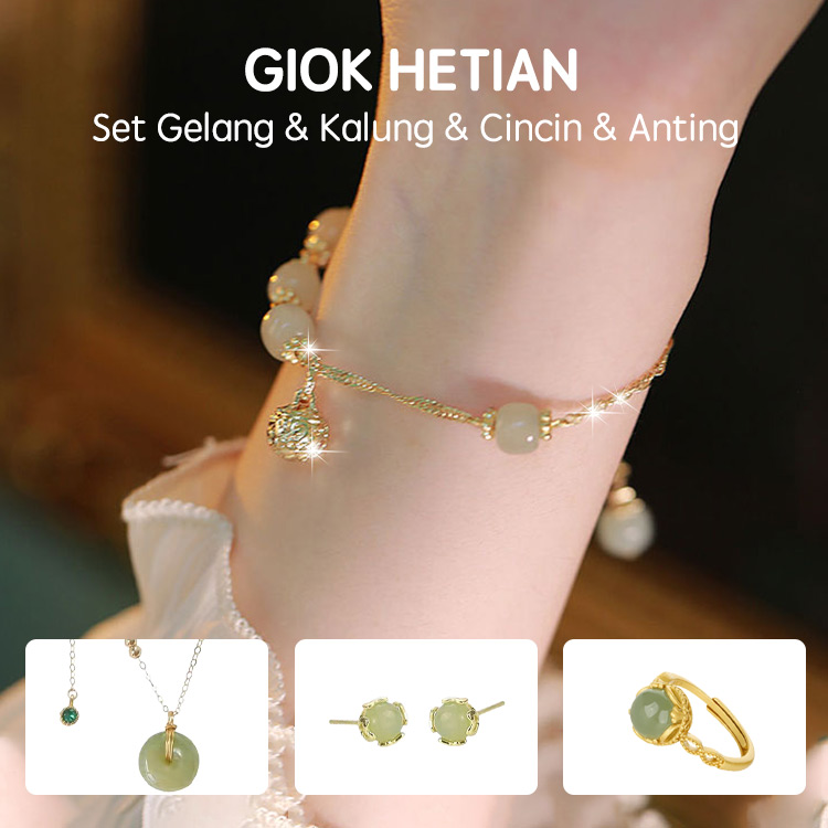 Promosi Hari Perempuan-2024 Emas 18K Giok Hetian Set Gelang Dan Kalung Dan Anting Dan Cincin-Beli satu set hanya Rp102000 per buah