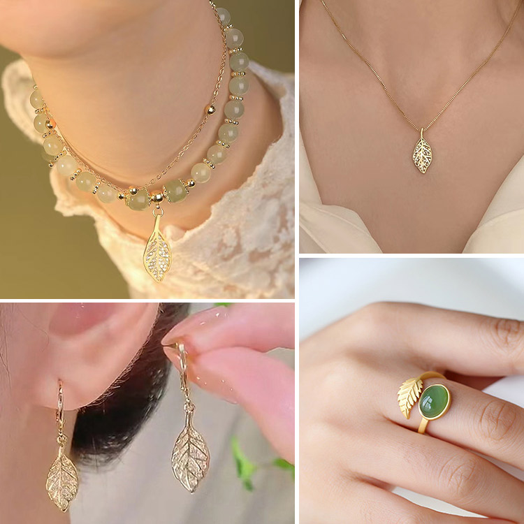  Promo Pertengahan Tahun-Cabang 18K Emas Dan Perhiasan Seri Daun Giok-Empat potong set hanya Rp183000 per potong