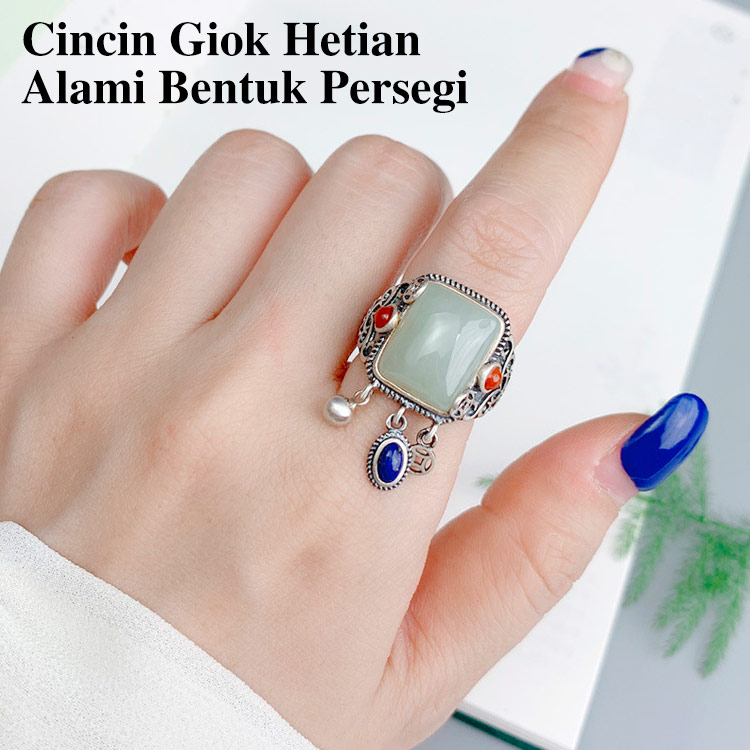 Cincin Giok Hetian Alami Bentuk Persegi