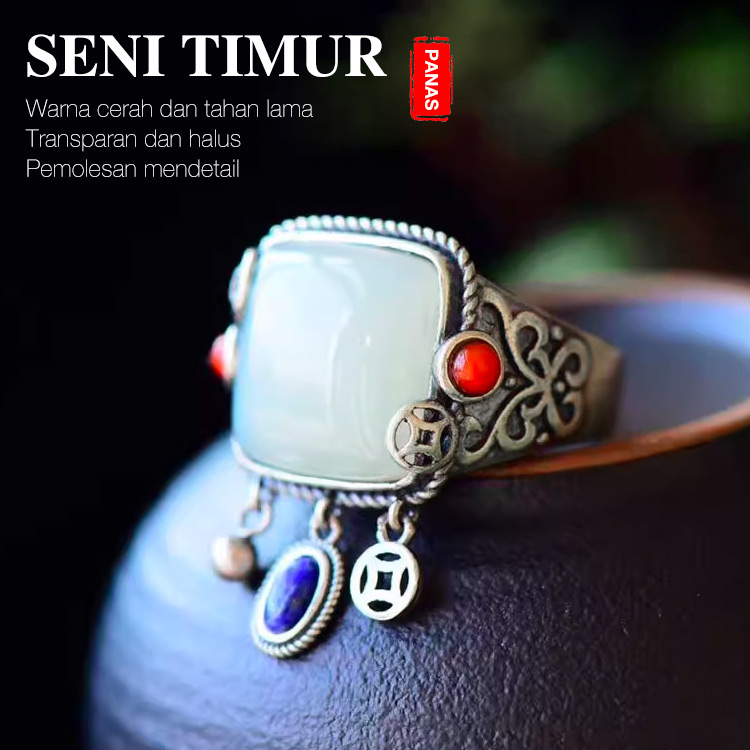 Cincin Giok Hetian Alami Bentuk Persegi