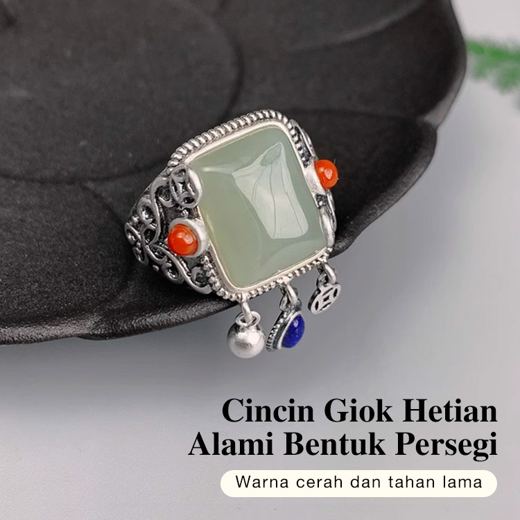 Cincin Giok Hetian Alami Bentuk Persegi