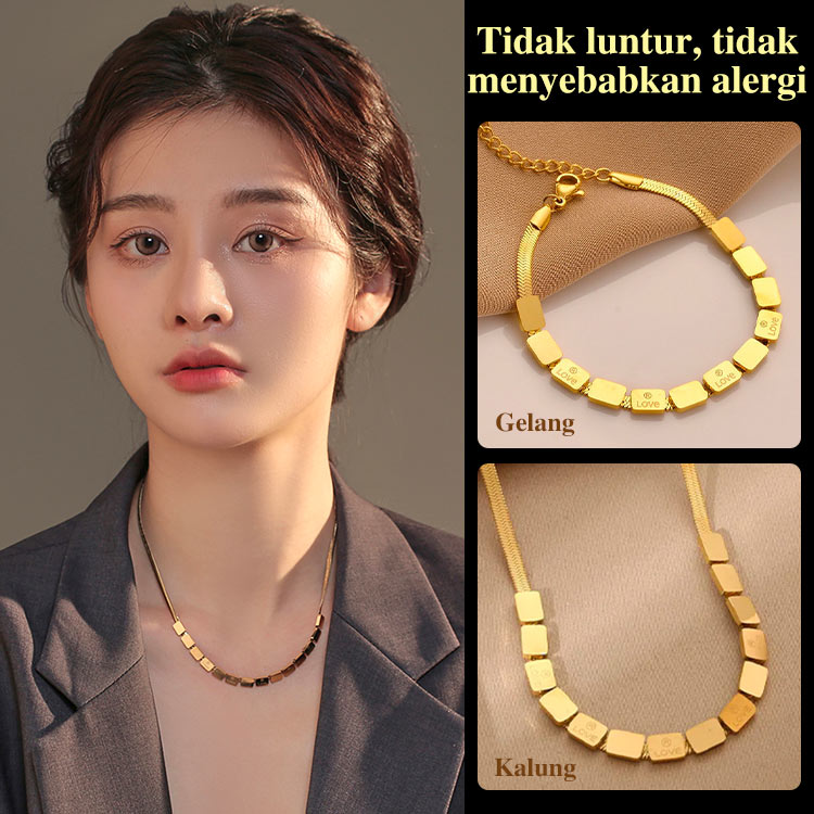 Set gelang dan kalung tulang ular persegi LOVE