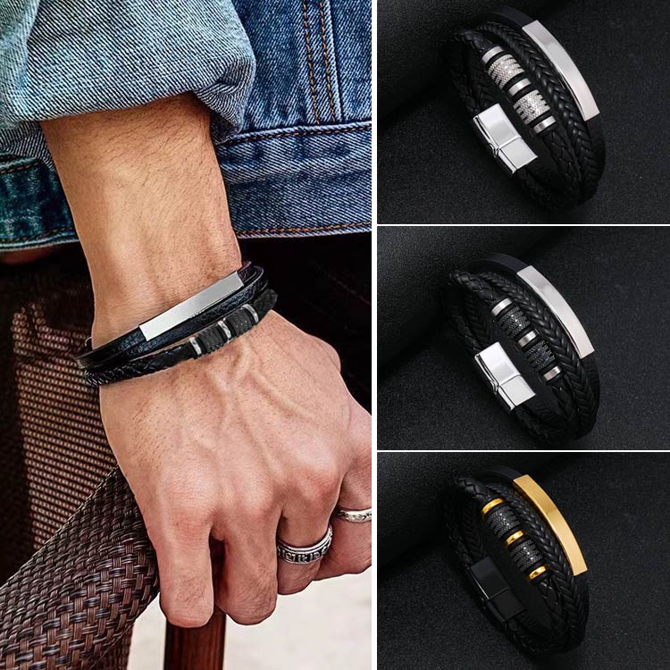 Gelang Kulit Jalinan Baja Titanium Pria