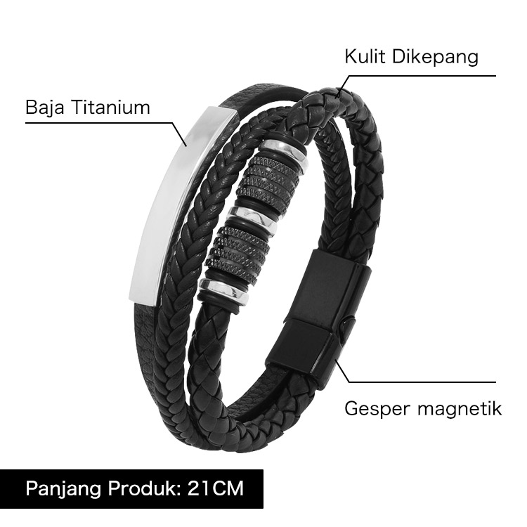 Gelang Kulit Jalinan Baja Titanium Pria