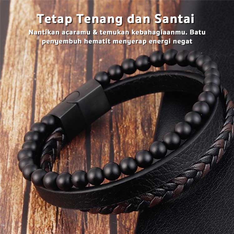 Gelang Kulit Pria Gesper Magnetik Obsidian Batu Alam