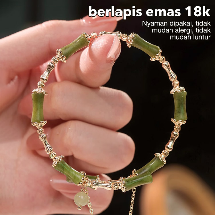 Promosi Ramadhan- Gelang Bambu Giok Hetian Berlapis Emas 18K - Ada kotak perhiasan