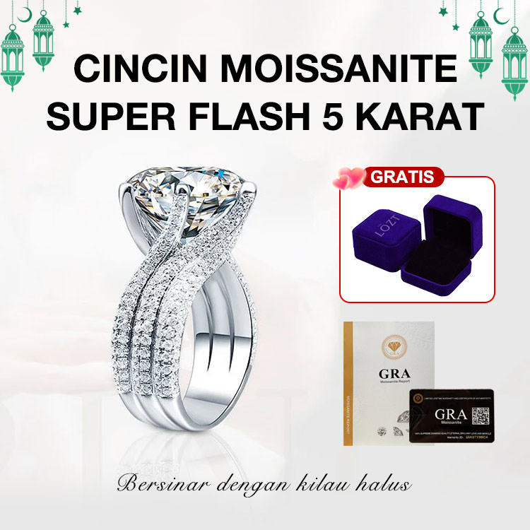 Cincin Moissanite Super Flash 5 Karat - Gratis kotak kado. Bersertifikat GRA. Ukuran yang dapat disesuaikan. Pengiriman dari Jakarta