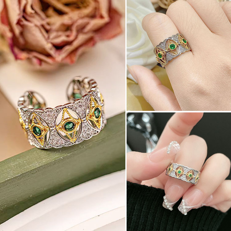 Cincin berlian hijau tetesan air mata Venesia dua warna emas-Simbol kemewahan dan kemuliaan. Membawa keberuntungan dan kekayaan