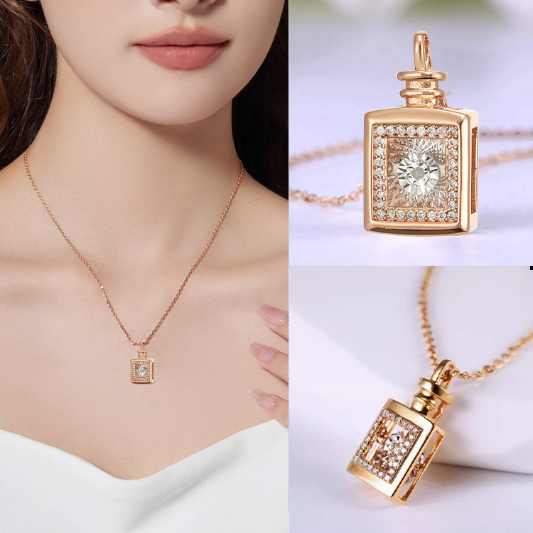 Kalung Liontin Botol Parfum Berkilau - Bergoyang dan Lompat dengan Kilau Abadi. Never Fades - Kotak perhiasan gratis