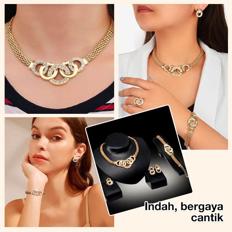 Kalung, anting, gelang, dan cincin set isi empat