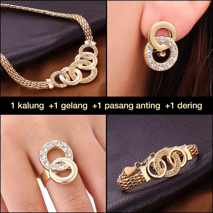 Kalung, anting, gelang, dan cincin set isi empat