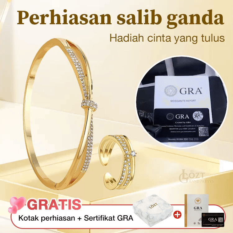 Set Perhiasan Cincin dan Gelang Salib Ganda Moissanite - sertifikat GRA. Ukuran yang dapat disesuaikan. Kotak hadiah gratis