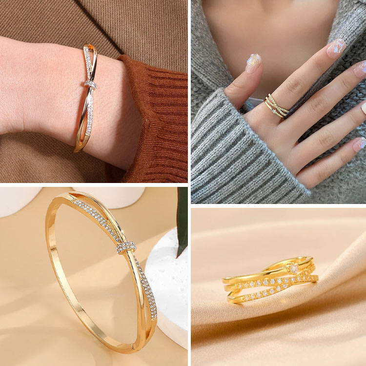 Set Perhiasan Cincin dan Gelang Salib Ganda Moissanite - sertifikat GRA. Ukuran yang dapat disesuaikan. Kotak hadiah gratis