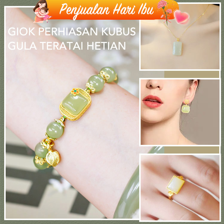 Perhiasan Giok Hetian Giok Teratai Emas 18k Emas-Empat potong set hanya Rp183000 per potong