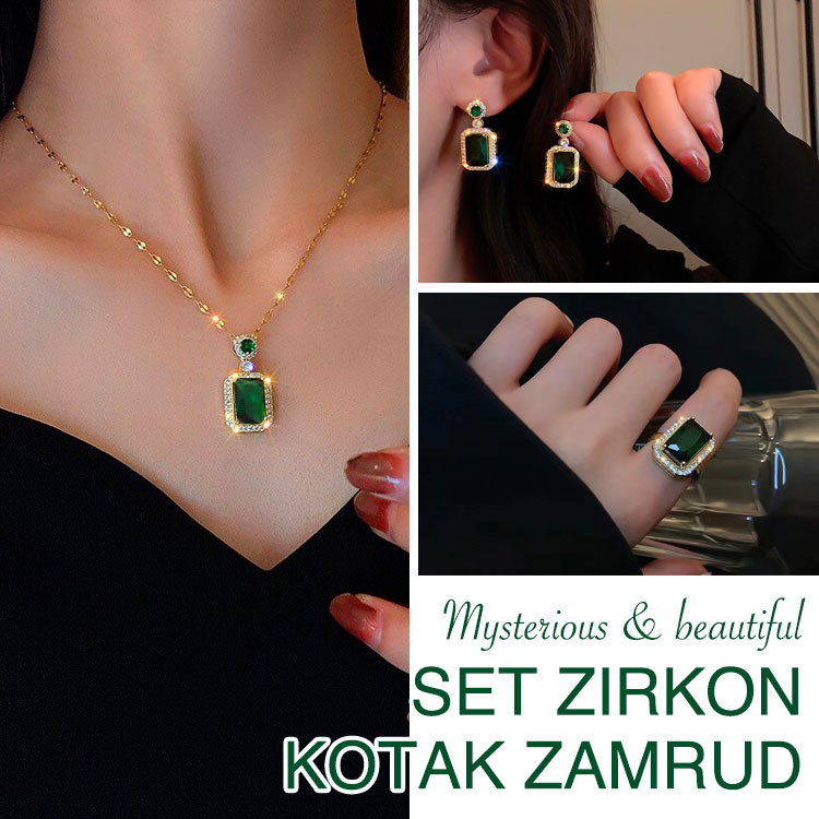 Set Zirkon Persegi Zamrud Berlapis Emas 18K - Membawa Anda kedamaian dan kebahagiaan dan kekayaan
