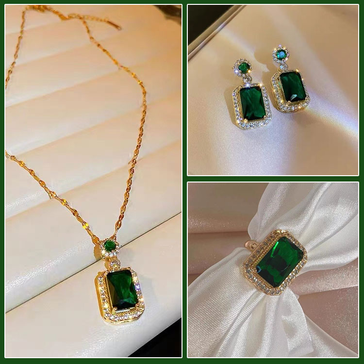 Set Zirkon Persegi Zamrud Berlapis Emas 18K - Membawa Anda kedamaian dan kebahagiaan dan kekayaan