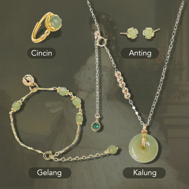 Promosi Hari Perempuan-2024 Emas 18K Giok Hetian Set Gelang Dan Kalung Dan Anting Dan Cincin-Beli satu set hanya Rp102000 per buah