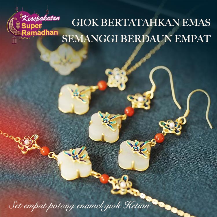 18k Emas Disepuh Perak Hetian Jade Enamel Empat Potong Set